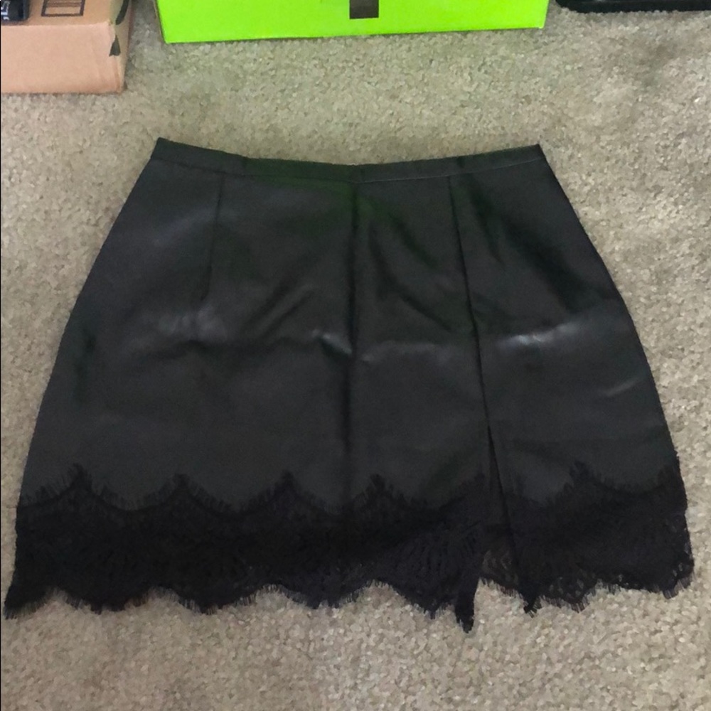 Leather skirt with lace trim